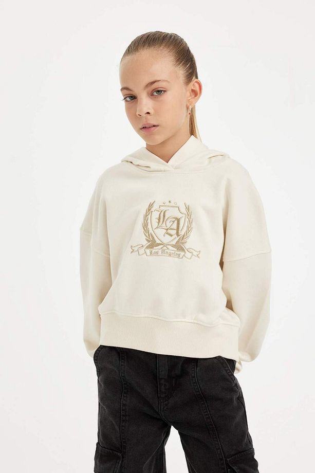 Kız Çocuk Oversize Geniş Kalıp Kapüşonlu İşlemeli Sweatshirt D2885A824WN - 4