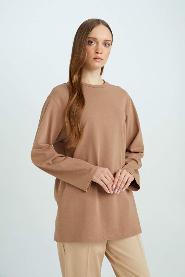 Regular Fit Bisiklet Yaka Basic Düz Uzun Kollu Tişört Tunik D4897AX24WN - 3