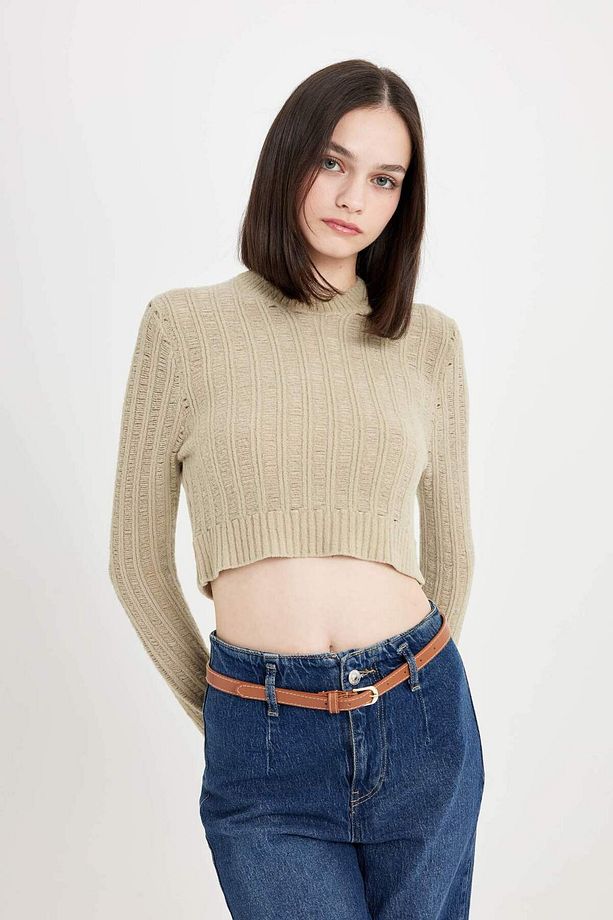Regular Fit Crop Bisiklet Yaka Örgü Delikli Triko Kazak C6321AX24WN - 4