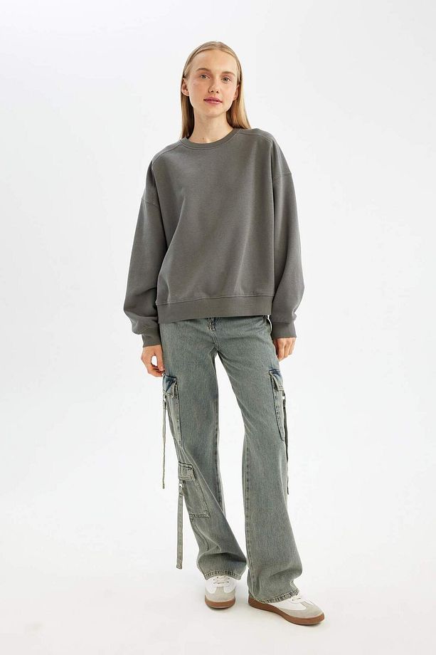 Coool Oversize Geniş Kalıp Bisiklet Yaka Kalın Basic Düz Sweatshirt A4177AX24WN - 2