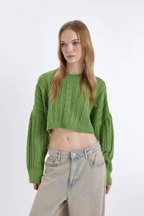 Coool Regular Fit Crop Bisiklet Yaka Saç Örgülü Triko Kazak T4518AZ24WN - 3