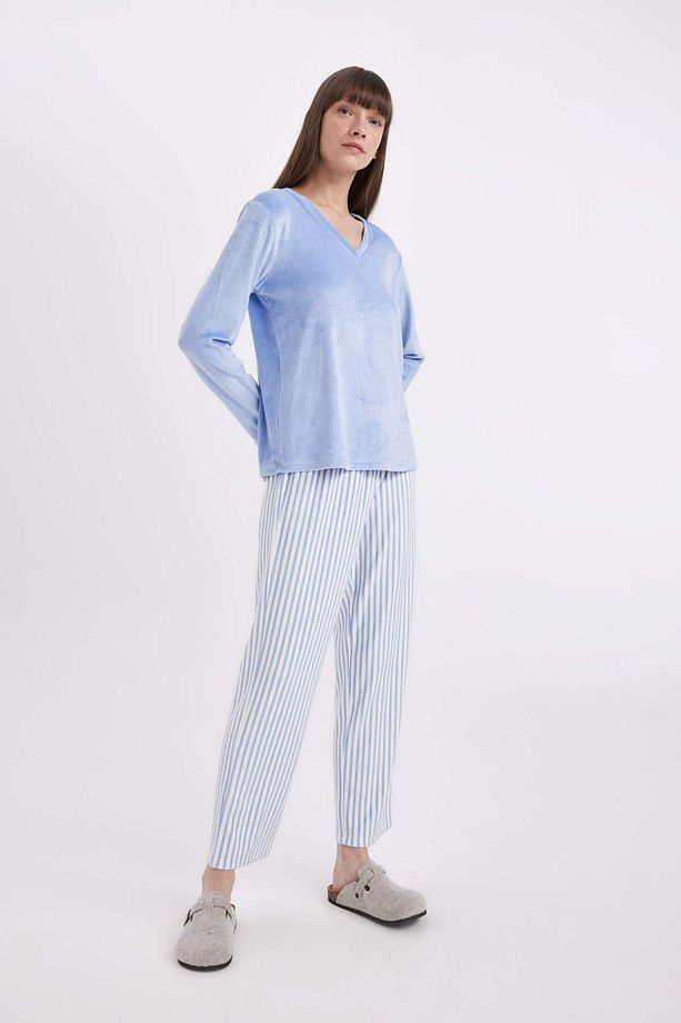 Fall in Love Pijama Takım V Yaka Basic Düz Uzun Kollu Velur Üst Çizgili Beli Lastikli Alt A6205AX2 - 3