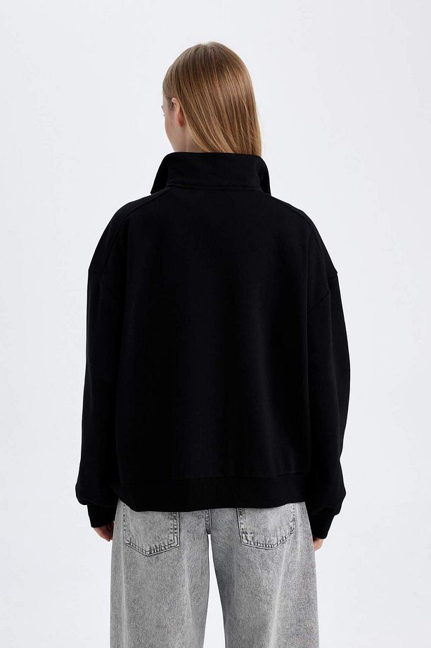 Oversize Geniş Kalıp Fermuarlı Dik Yaka Cepli Basic Düz Kalın Siyah Sweatshirt D7206AX24WN - 6