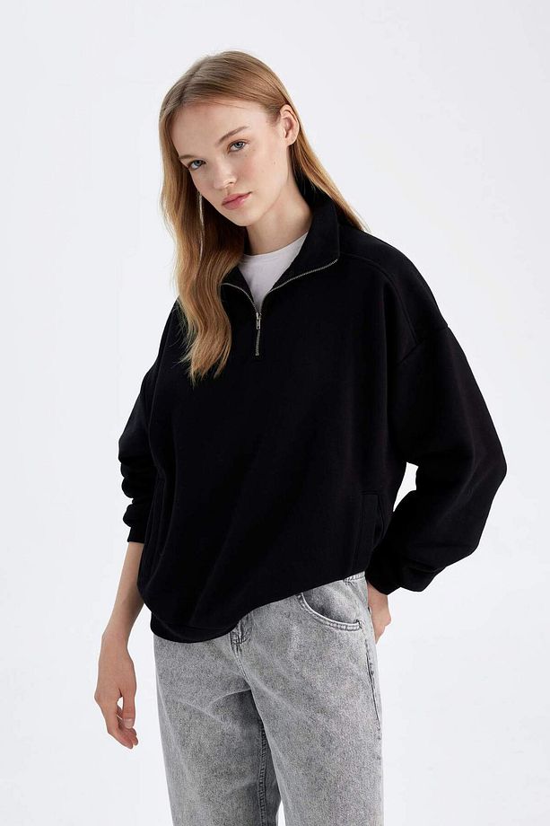 Oversize Geniş Kalıp Fermuarlı Dik Yaka Cepli Basic Düz Kalın Siyah Sweatshirt D7206AX24WN - 4