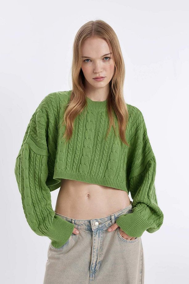 Coool Regular Fit Crop Bisiklet Yaka Saç Örgülü Triko Kazak T4518AZ24WN - 1