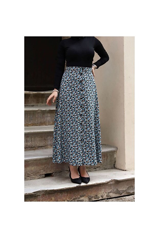 Düğmeli Viscon Etek Mavi - 8