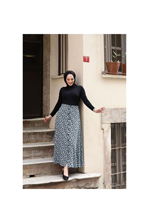 Düğmeli Viscon Etek Mavi - 5