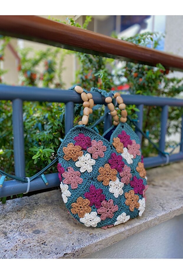 Çiçek desenli el örmesi çanta - 5