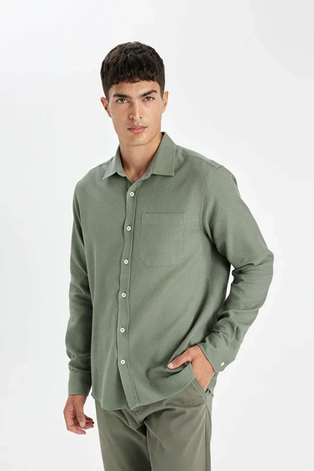 %100 Pamuk Regular Fit Waffle Basic Düz Uzun Kollu Gömlek D1058AX24AU - 3