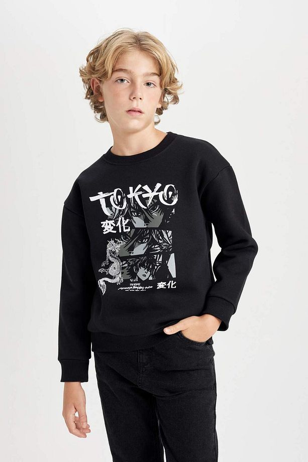 Erkek Çocuk Siyah Oversize Geniş Kalıp Bisiklet Yaka Baskılı Sweatshirt D5680A824WN - 1