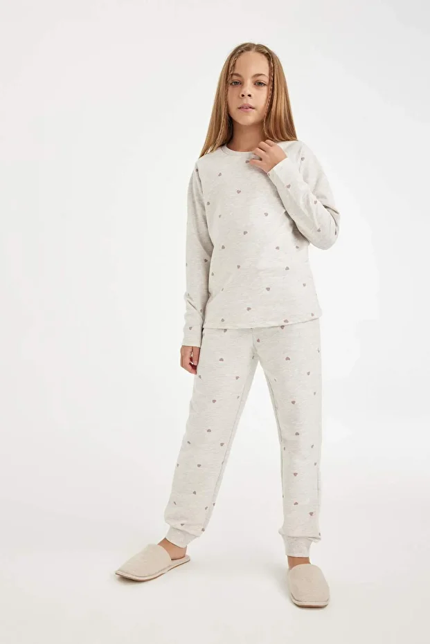 Kız Çocuk Pijama Takımı Kalp Baskılı Uzun Kollu Üst Uzun Alt D3728A824AU - 4