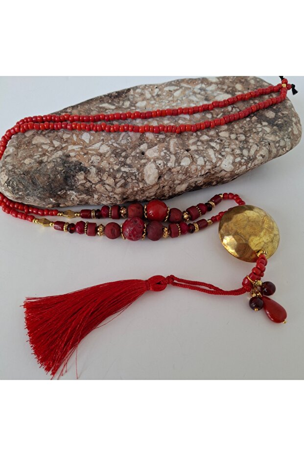 Our New Model Has Changes in Materials. Handmade, Coral and Lava Stone Long Necklace