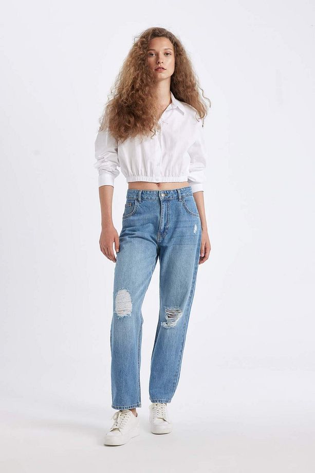 Oversize Geniş Kalıp Basic Düz Etek Ucu Lastikli Poplin Uzun Kollu Gömlek D4006AX24AU - 2