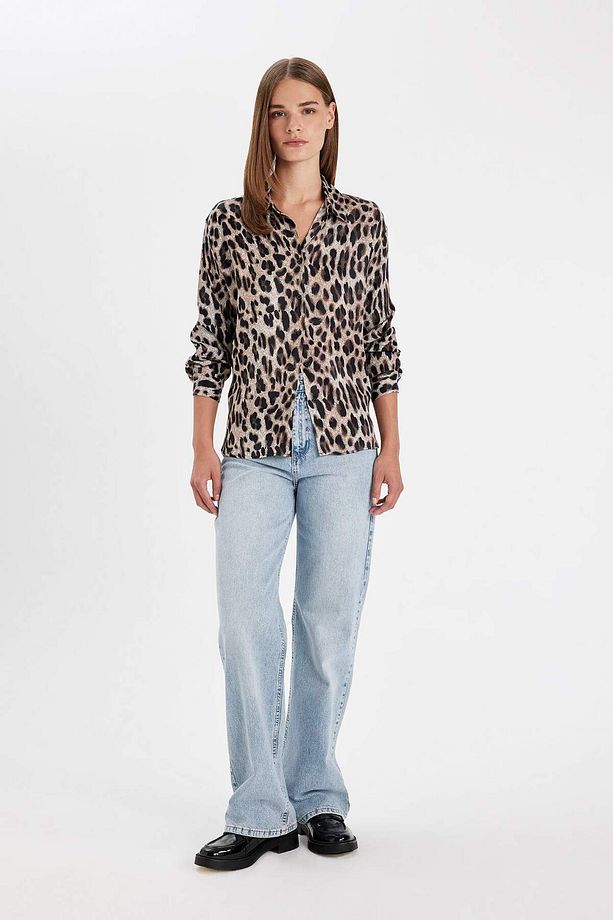 Regular Fit Leopar Desenli Poplin Uzun Kollu Gömlek D3148AX24AU - 2