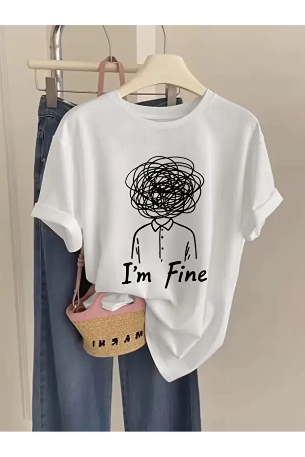 I Am Fine Written Modern Design Custom Printed Women's Unisex Oversize Crew Neck T-Shirt