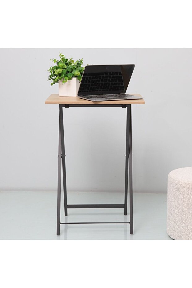 Mineo Foldable Side Table - Oak/ Black - With 2 Year , Metal, L 48 x W 36 x H 66 cm