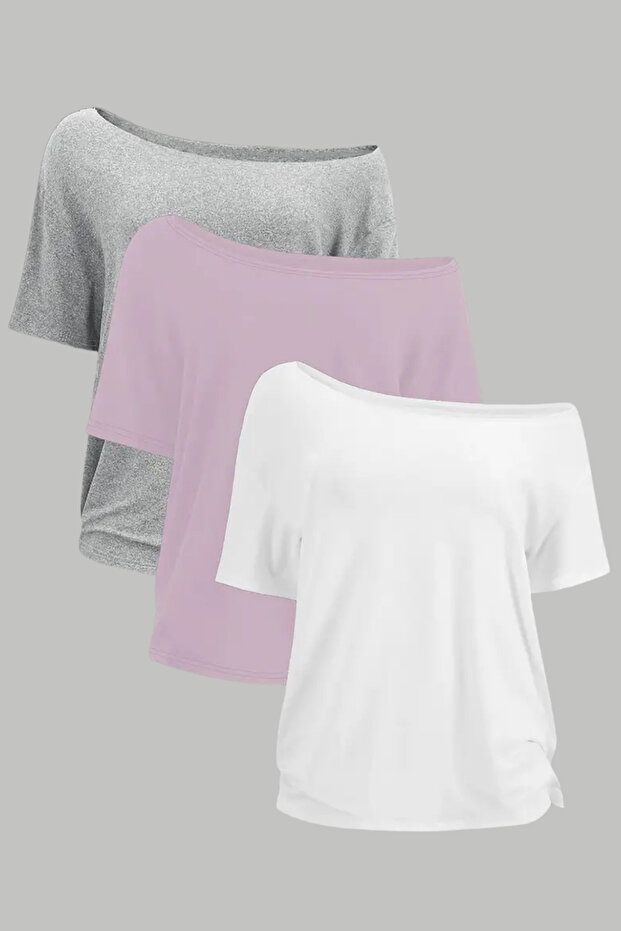 Pink White Gray 3-Pack Women's Off Shoulder Boat Neck Oversize T-Shirt