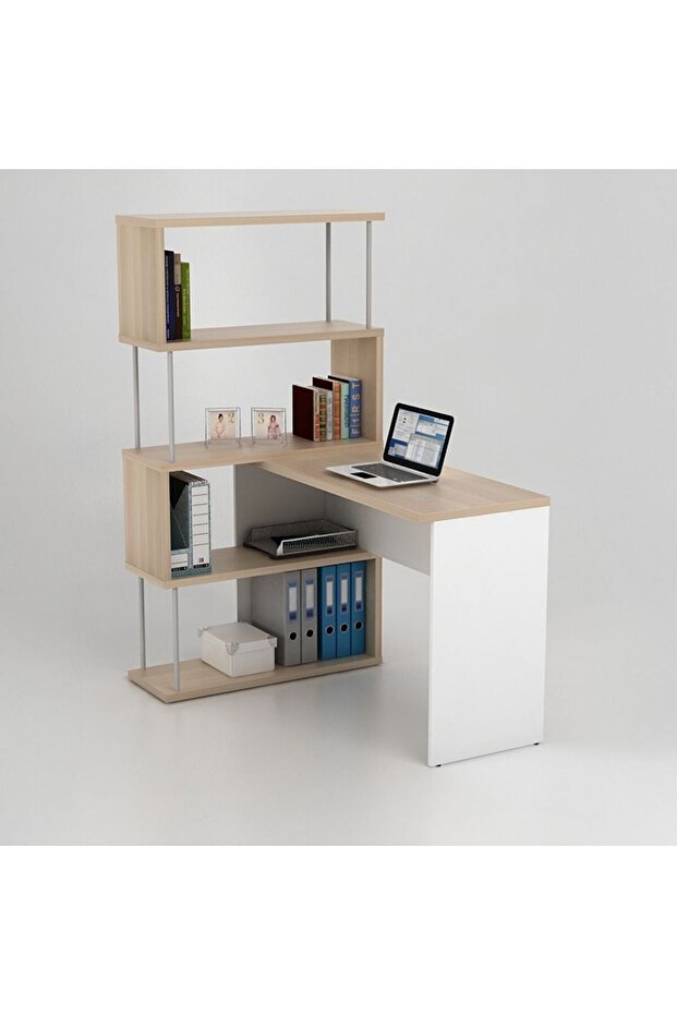 Maeda Study desk w/ Bookshelfs - White/Oak L80xW119.4xH150.7cm