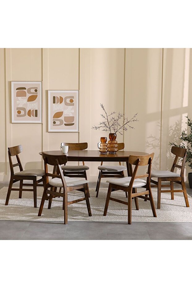 Acton 1+6 Seater Solid Wood Dining Set - Walnut/Beige