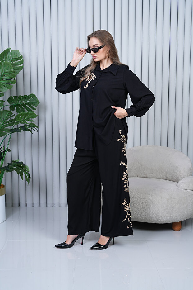 Women's Embroidered Large Size Viscose Double Suit Black 2140