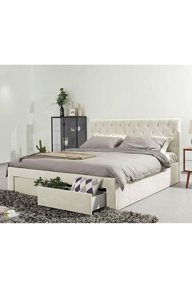Bacia 150x200 Queen Bed with 2 Front Drawers - Beige L218xW162xH111cm