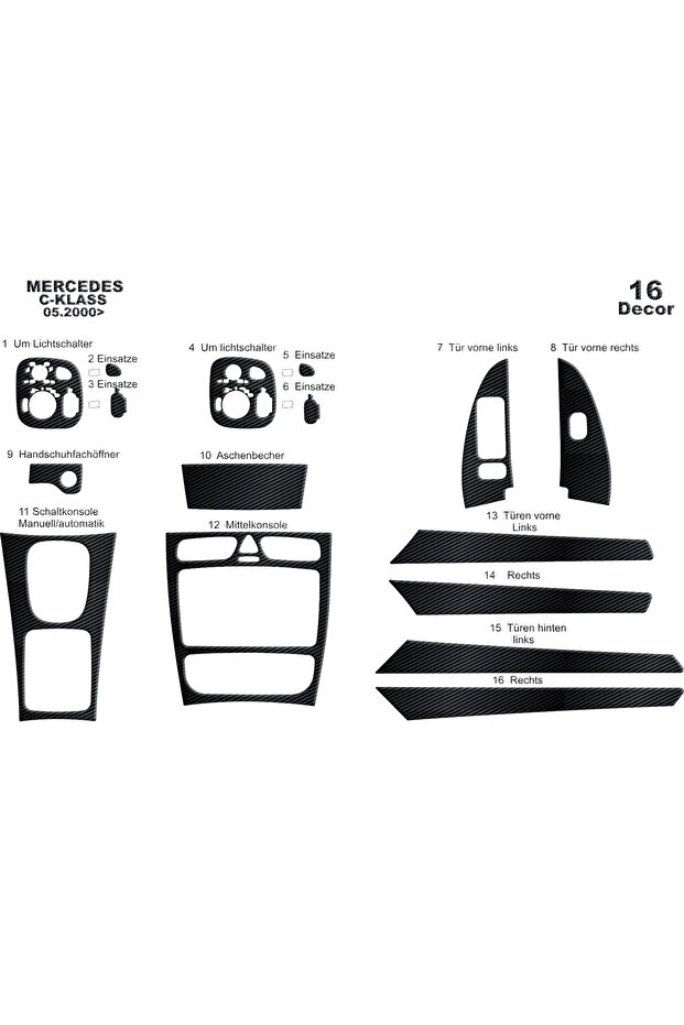Mercedes C Class Console-Torpedo Trim 2000-2006 16 Pieces