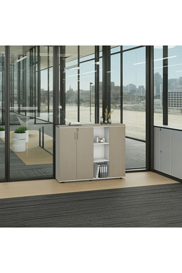 Herstal Office Credenza - 3 Door Storage Cabinet with Open Shelves, Oak/White Finish, 160x40x128cm