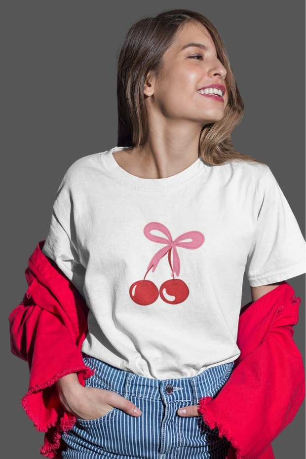 Women's Kudele Cherry2 Transfer Printed Round Neck Short Sleeve T-Shirt