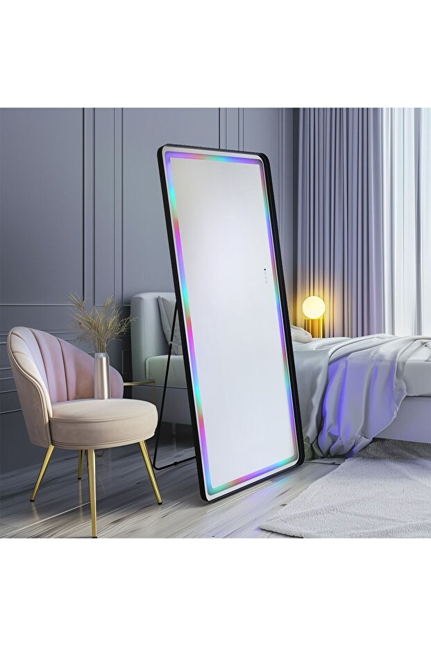 Oakleaf Floor Mirror with RGB LED Lights & Bluetooth Speaker - Black, 75x4.8x180cm - 2-Year Warranty