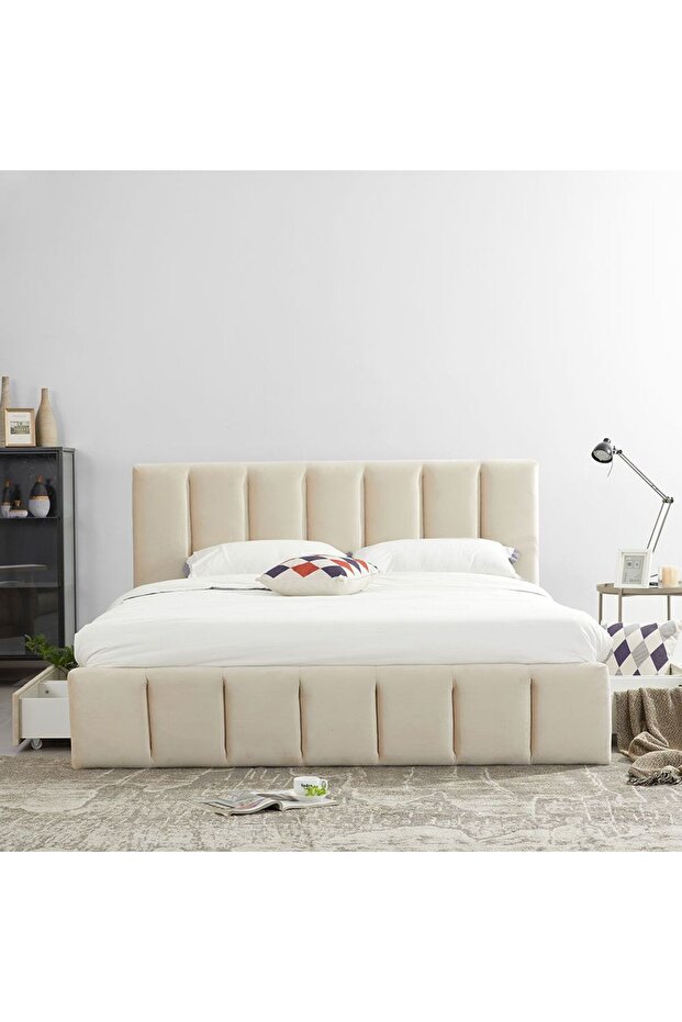 Vista 150x200 Queen Bed with 4 Drawers - Light Beige L220xW161xH111cm