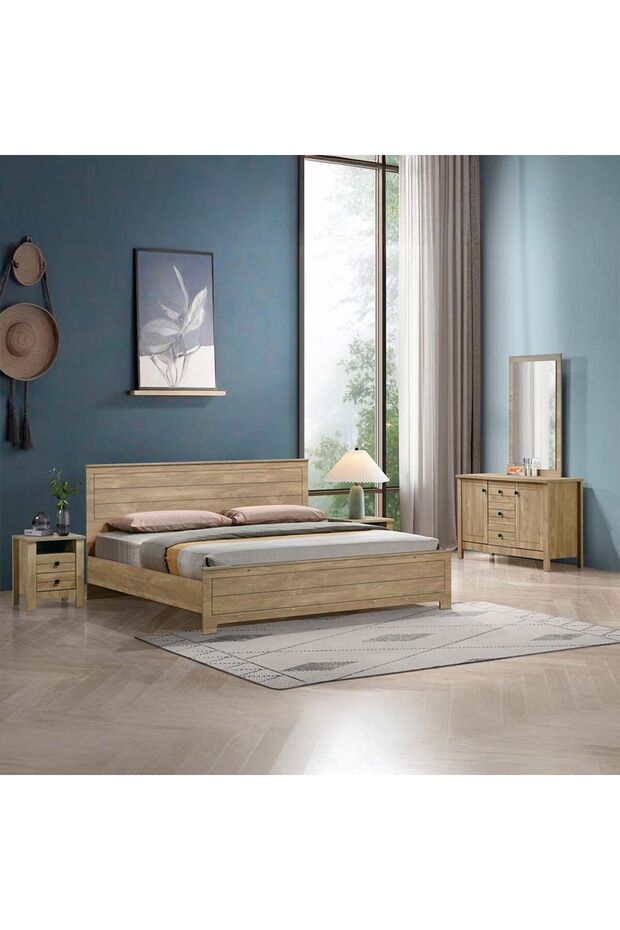 Athens 180x200 King Bed Set with 2 Nightstands & Dresser/Mirror - Light Oak