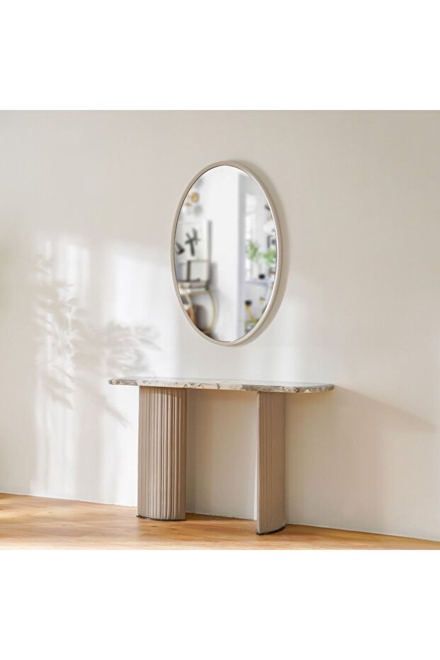 Hesdin High Gloss Console Table with Oval Mirror - Light Grey - 150x40x90cm - 2-Year Warranty