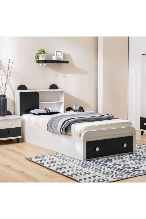Panda 90x190 Single Bed with Headboard Storage & Front Drawer Storage-White/Black L210xW98.8xH100cm