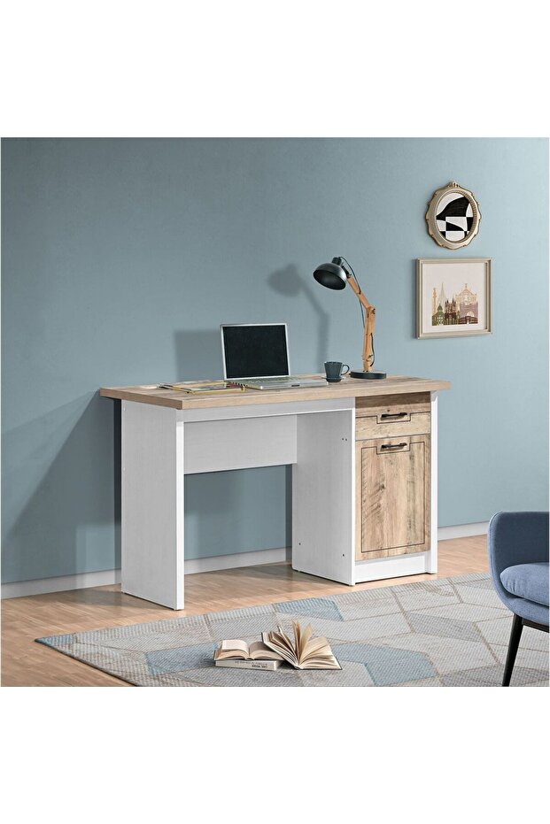 Swann 1-Door & 1-Drawer Study Desk - Summer Oak/Pearl White L121xW60xH75.5cm