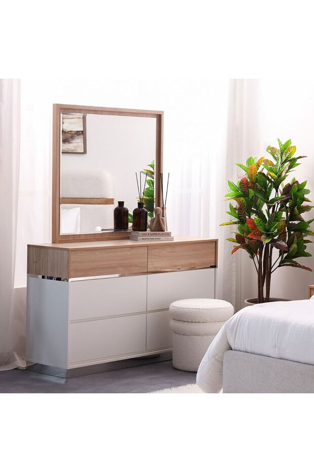 Frazer Dresser with Mirror - White/Natural Oak, 140x40x170cm, Melamine Finish, 2-Year Warranty
