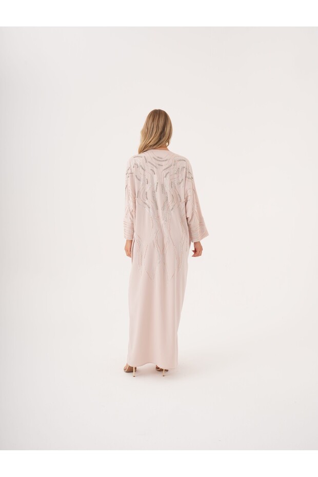 Taş İşlemeli Salaş Yaka Bağlamalı Kaftan Elbise - 6