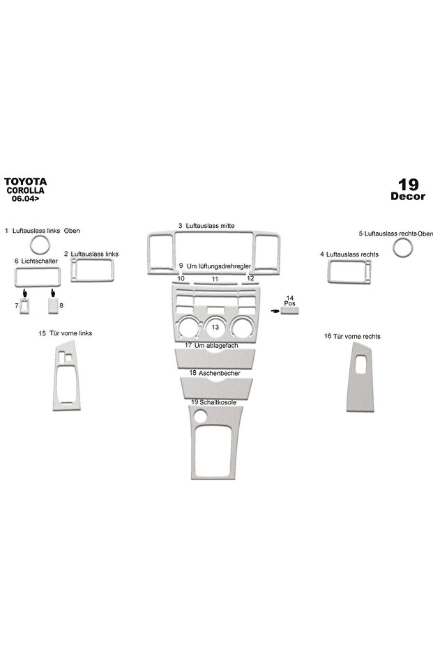 Toyota Corolla Console-Torpedo Trim 2004-2007 19 Pieces