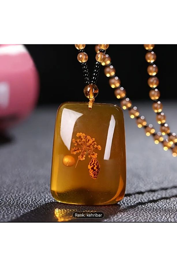 YUNNAN Unisex için çiçek desenli Amber Kare Reçine Kolye ile Vintage ve Boho Tarzı - 2