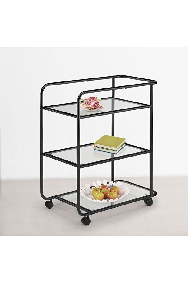 Cosimo 3-Tier Serving Trolley - Black Metal & Tempered Glass, Stylish & Durable with 2-Year Warranty