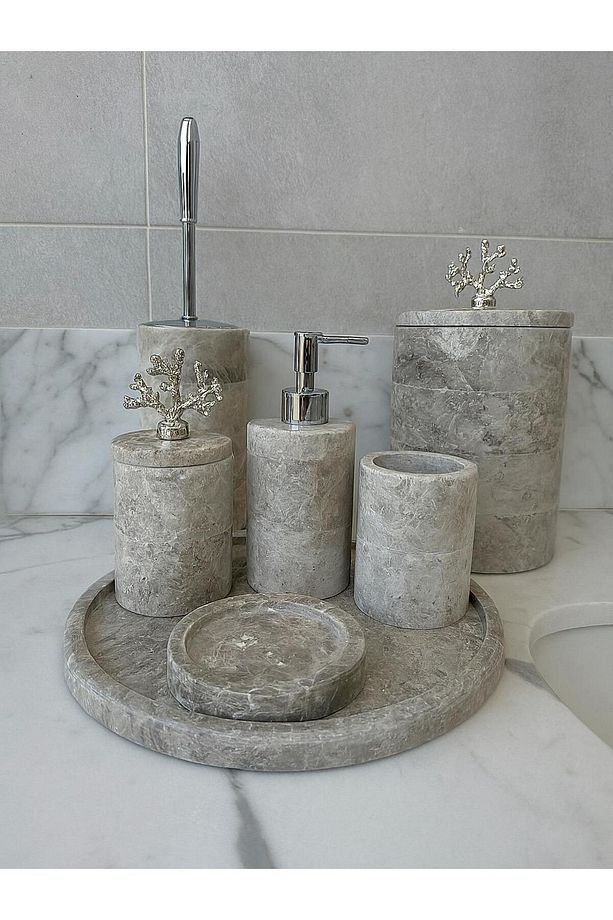 Gri Mermer Yuvarlak Banyo Seti Takımı 7 Li Gümüş Mercan Objeli - 1