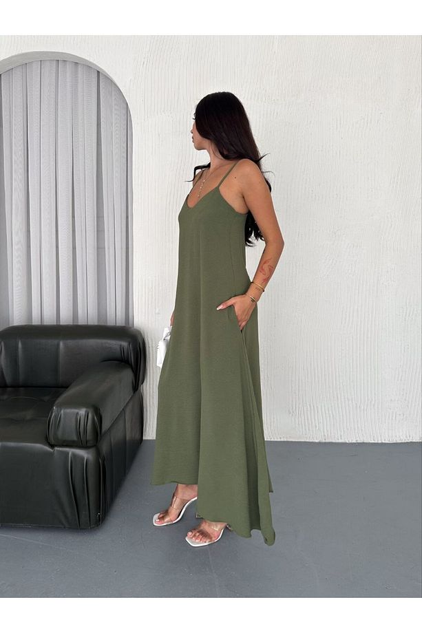 Airobin Kumaş & Cep Detaylı Elbise Kiloş Elbise-Haki-9005 - 6