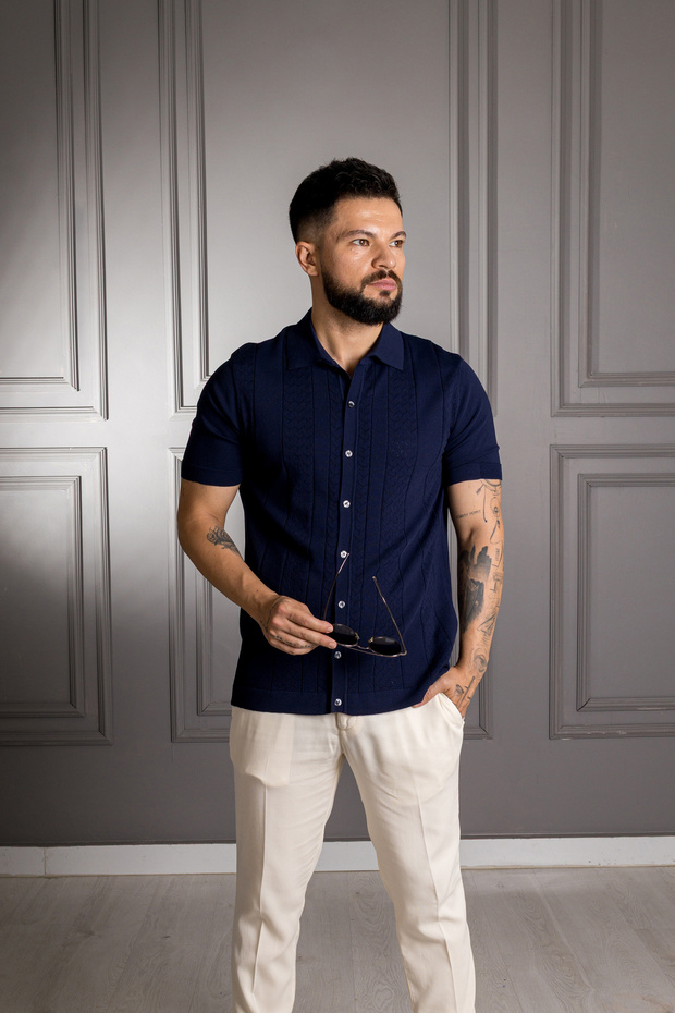 Interview Polo Neck Rayon Thin Knitwear Navy Blue Shirt T-Shirt
