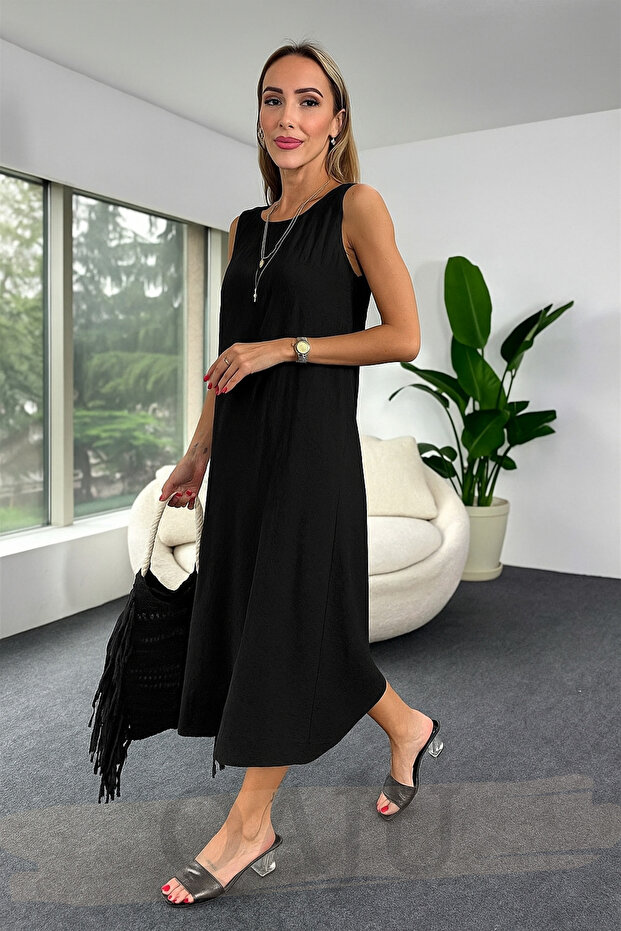 Women's Modal Fabric Midi Sleeveless Bell Dress -Black