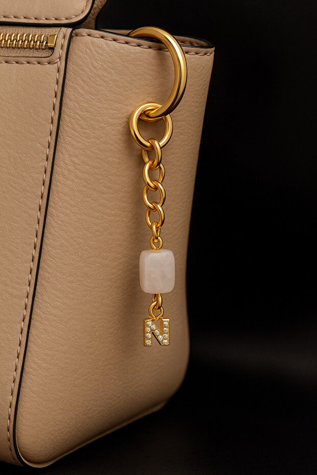 Gold Color Stone N Letter Crystal Quartz Keychain Charm