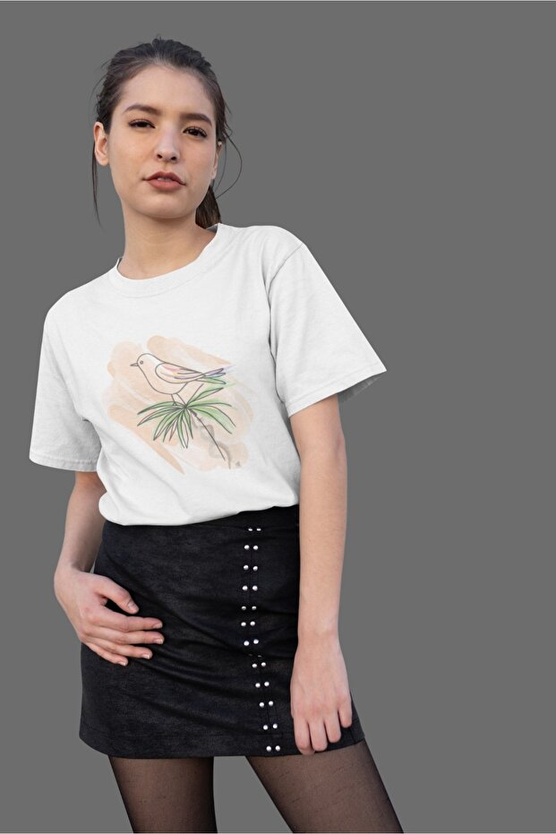 Women's Bird5 Transfer Printed Round Neck Short Sleeve T-Shirt
