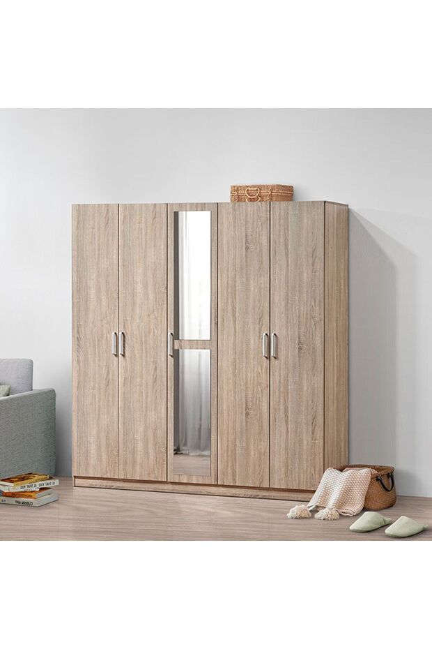 Supreme 5 Door Wardrobe with Mirror - French Sonoma Oak L199.5xW52xH209cm