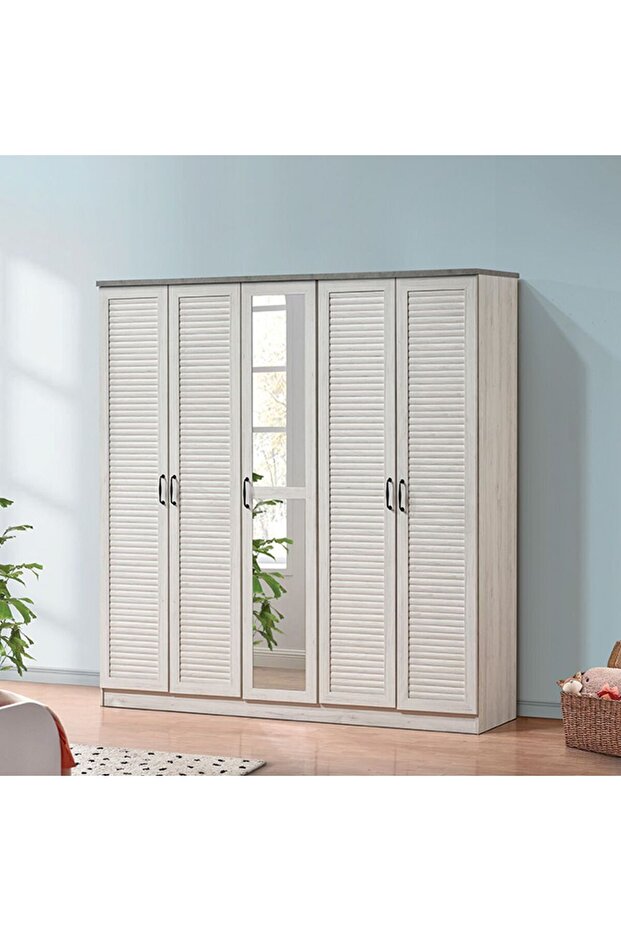 Zenith 5 Door Wardrobe with Drawers & Mirror - White Oak/Cement L200xW55xH210cm