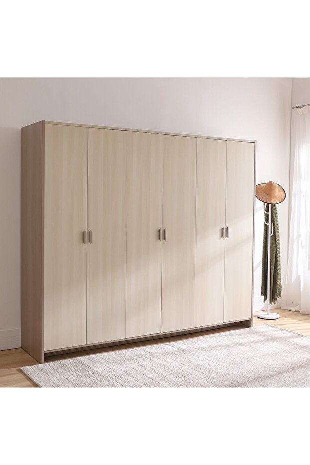 Barney 6 Door Wardrobe - Beige/Brown L240xW60xH220cm