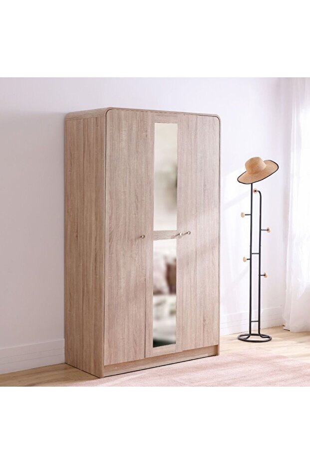 Monro 3 Door Wardrobe with Mirror - Natural Oak L121.8xW58xH210cm