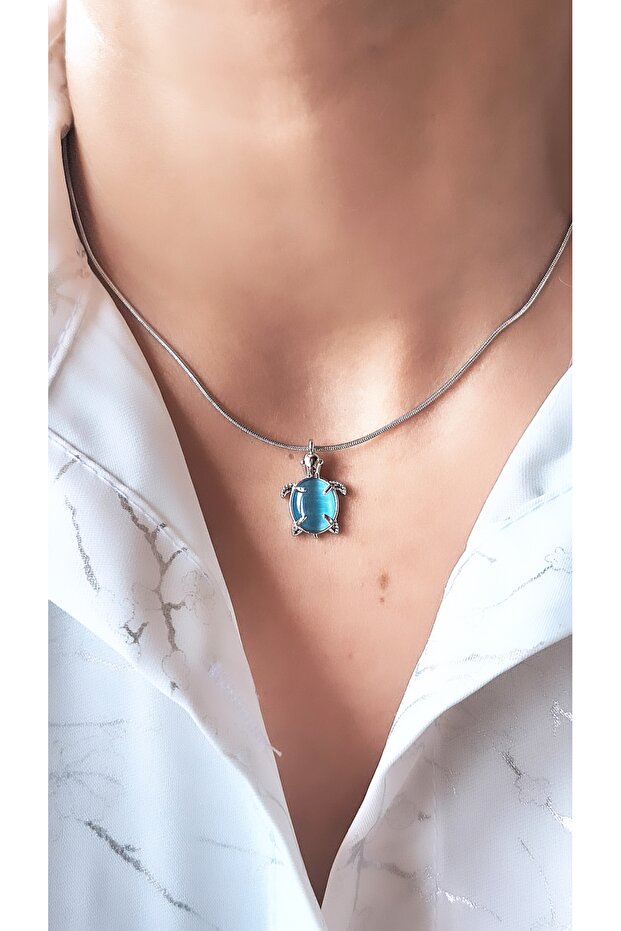 Opal Taşlı Kaplumbağa Çelik Kolye - 3